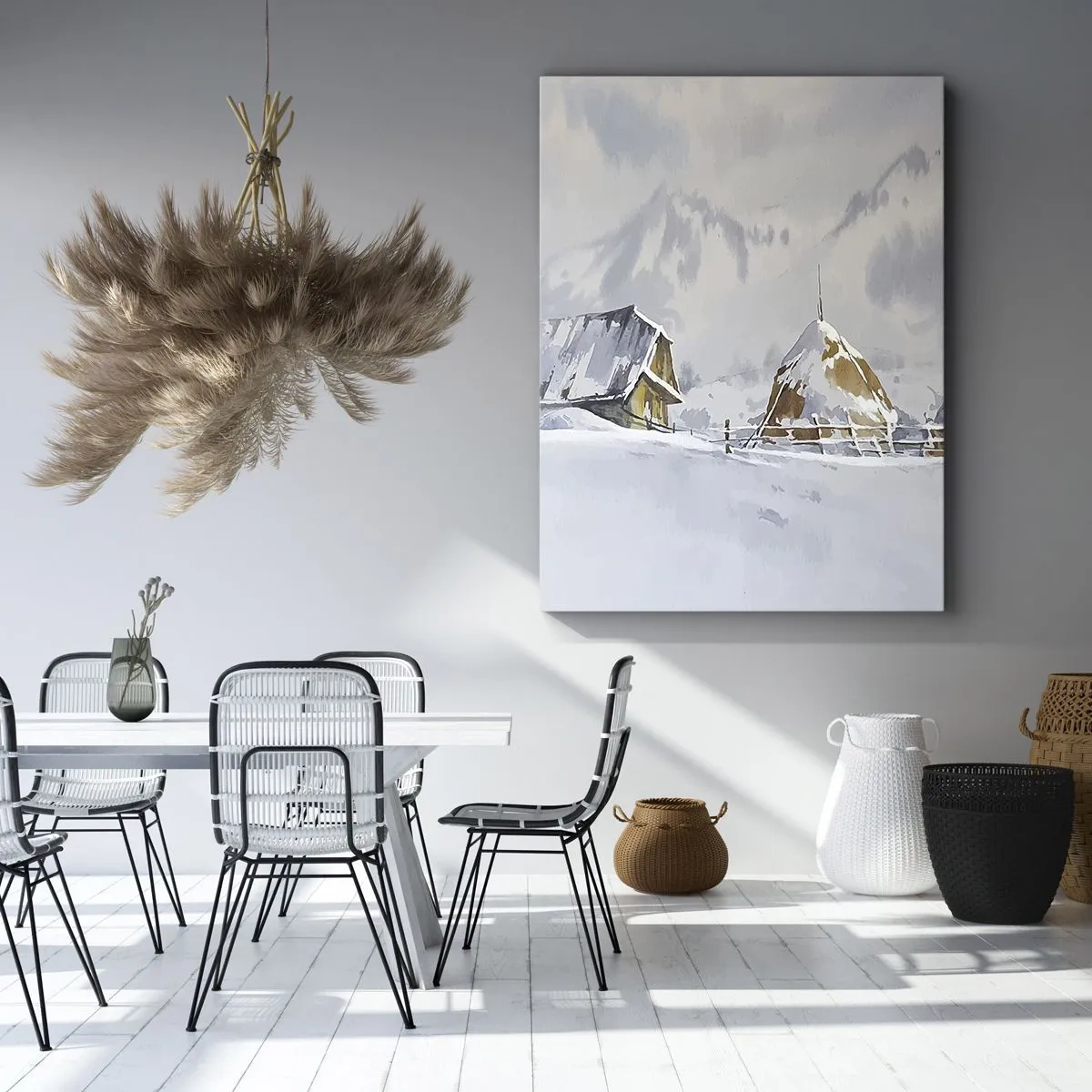 Bild auf Leinwand - Leinwandbild - Winterlandschaft mit Hütte und Heuhaufen in den Bergen - 70x100cm - In einem verschneiten Talkessel - Moderne Wanddekoration für Wohnzimmer und Schlafzimmer ARTTOR