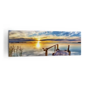 Bild auf Leinwand - Leinwandbild - Holzsteg über dem See bei Sonnenuntergang - 160x50cm - Der Wind geht zur Ruhe - Moderne Wanddekoration für Wohnzimmer und Schlafzimmer ARTTOR
