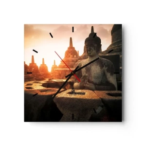 Wanduhr - Glasuhr - Buddha-Statue im Borobudur-Tempel bei Sonnenuntergang - 30x30cm - Wetter der großen Weisheit - Moderne Wanddekoration für Wohnzimmer und Schlafzimmer ARTTOR
