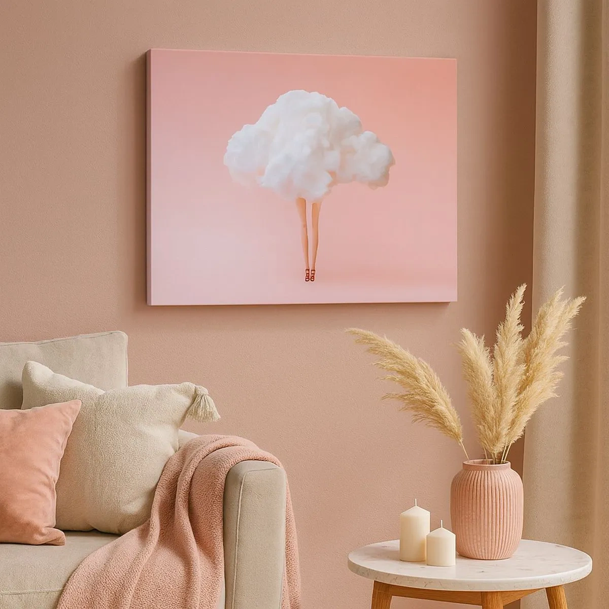 Bild auf Leinwand - Leinwandbild - Beine in einer Wolke auf rosa Hintergrund - 70x50cm - Süßes Versprechen - Moderne Wanddekoration für Wohnzimmer und Schlafzimmer ARTTOR