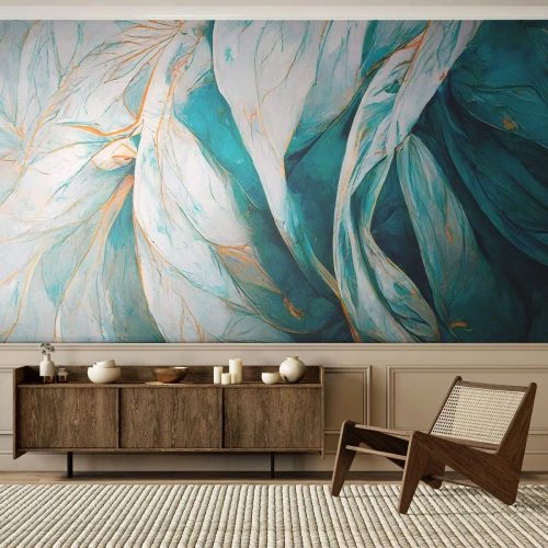 Maßgeschneiderte Fototapete Premium Sand - Blaue Abstraktion mit goldenem Motiv - Stück, Art Deco, Subtil