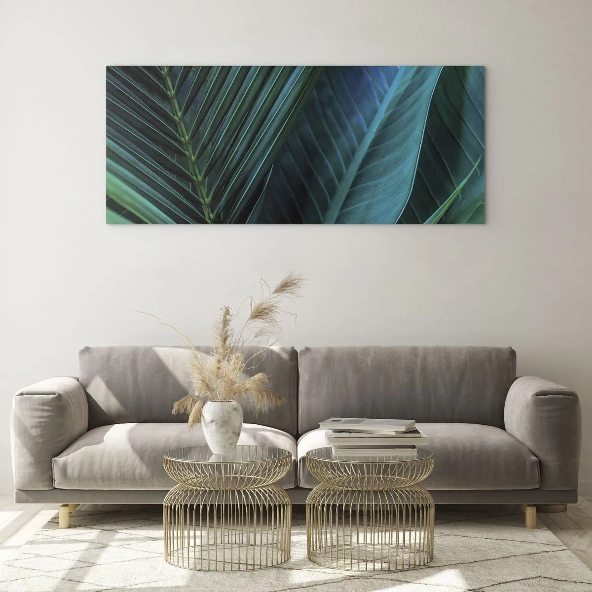 Glasbild - Bild auf glas - Nahaufnahme von tropischen grünen Blättern - 140x50cm - Die Anatomie des Grüns - Moderne Wanddekoration für Wohnzimmer und Schlafzimmer ARTTOR