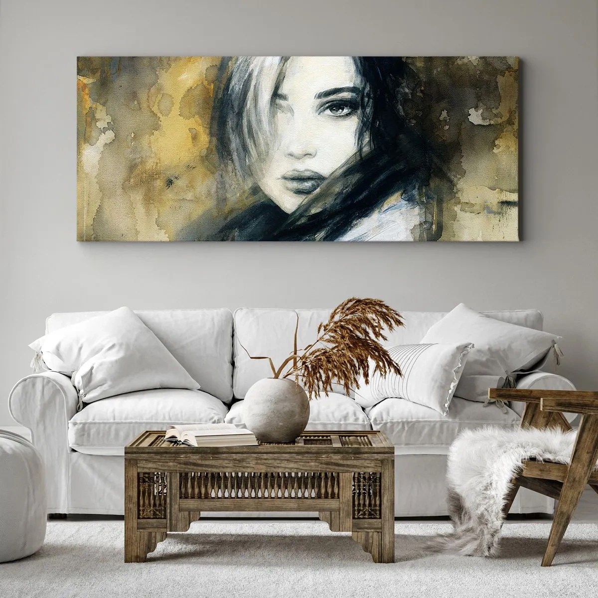 Bild auf Leinwand - Leinwandbild - Porträt einer Frau vor einem Hintergrund aus abstrakten Flecken in Beigetönen - 140x50cm - unschuldiger oder sinnlicher? - Moderne Wanddekoration für Wohnzimmer und Schlafzimmer ARTTOR