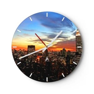 Wanduhr - Glasuhr - Panorama der Stadt bei Sonnenuntergang mit klarem Himmel - 30x30cm - Leuchtende amerikanische Nacht - Moderne Wanddekoration für Wohnzimmer, Küche und Schlafzimmer ARTTOR