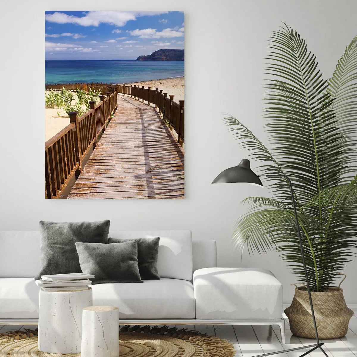 Glasbild - Bild auf glas - Holzweg am Strand, der zum Meer führt - 50x70cm - Bring mich zu den glücklichen Inseln - Moderne Wanddekoration für Wohnzimmer und Schlafzimmer ARTTOR