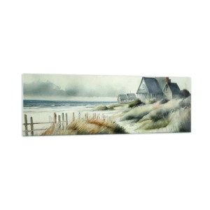 Glasbild - Bild auf glas - Ein Haus am Meer, umgeben von Gras und mit Blick auf das Meer - 160x50cm - Abseits vom Trubel - Moderne Wanddekoration für Wohnzimmer und Schlafzimmer ARTTOR