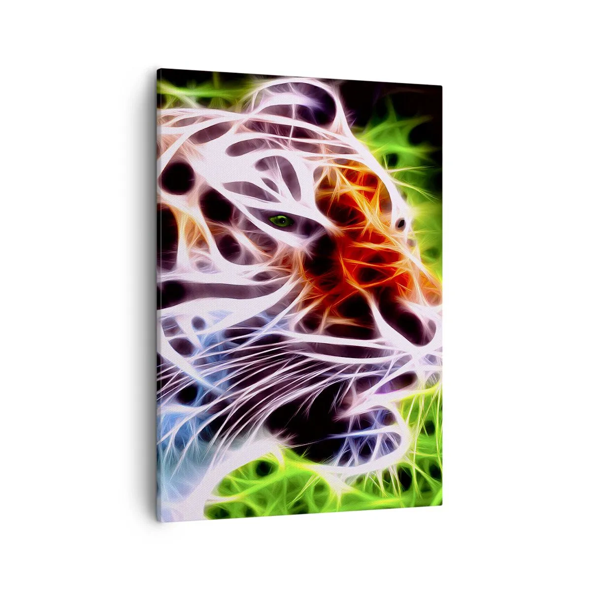 Bild auf Leinwand - Leinwandbild - Farbenfrohes künstlerisches Porträt eines Tigers im Neonstil auf schwarzem Hintergrund. - 50x70cm - Schreckliche Aura - Moderne Wanddekoration für Wohnzimmer und Schlafzimmer ARTTOR
