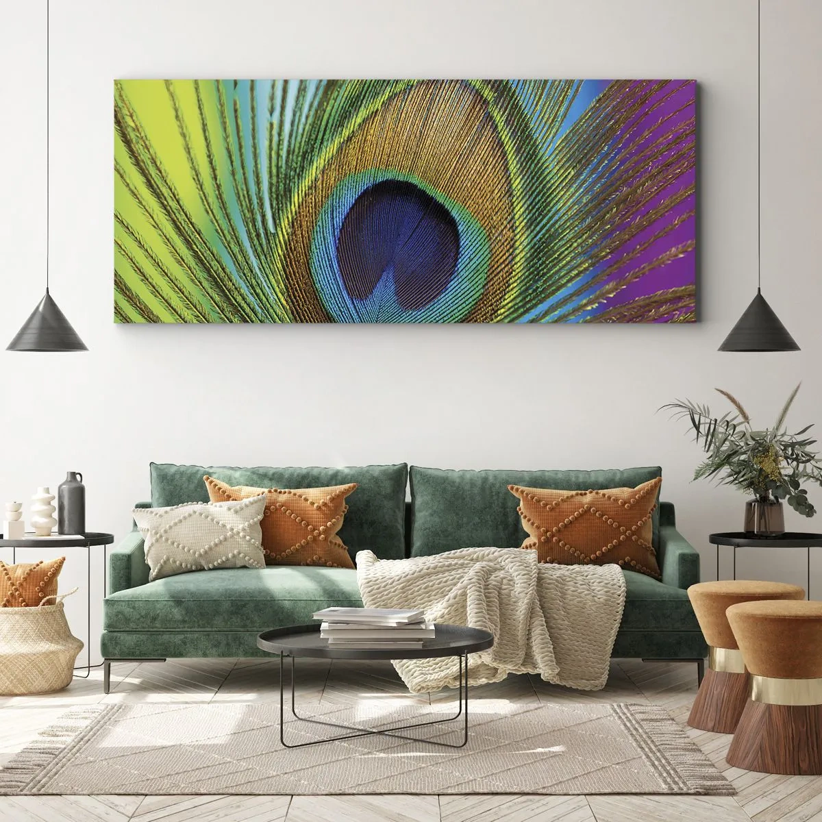 Bild auf Leinwand - Leinwandbild - Nahaufnahme einer Pfauenfeder mit lebendigen Farben - 140x50cm - Auge in Auge - Moderne Wanddekoration für Wohnzimmer und Schlafzimmer ARTTOR