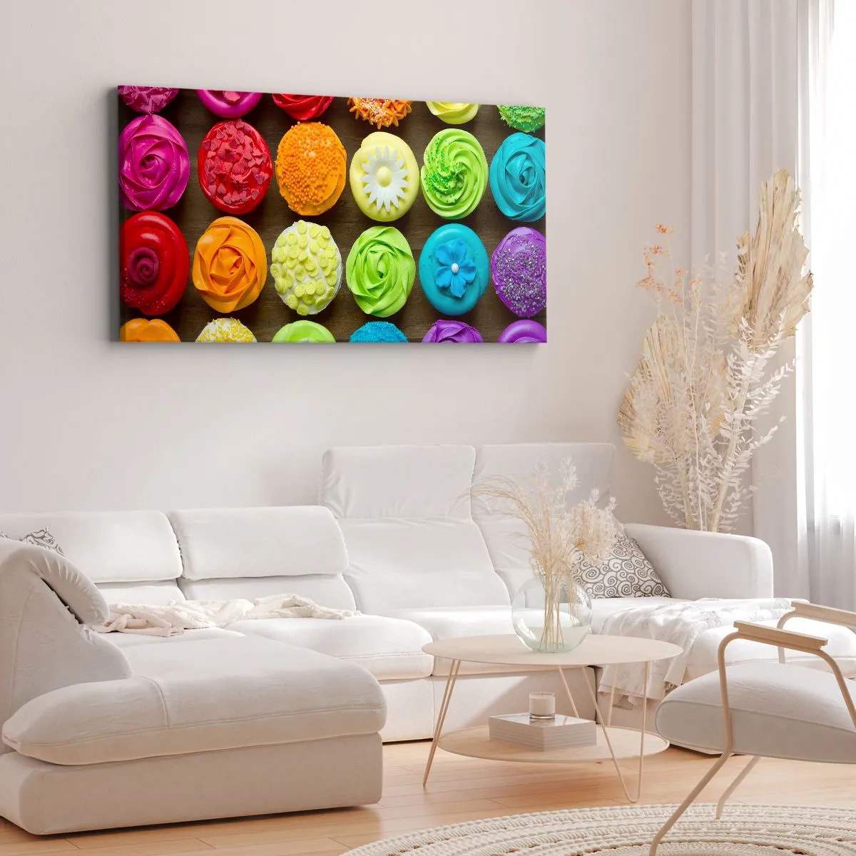 Bild auf Leinwand - Leinwandbild - Bunte Cupcakes mit pastellfarbenen Verzierungen - 140x50cm - Alles andere - alles lecker - Moderne Wanddekoration für Wohnzimmer und Schlafzimmer ARTTOR