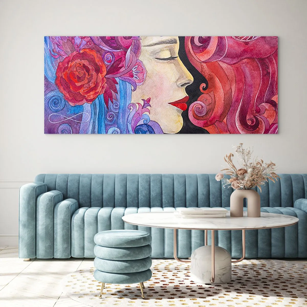 Glasbild - Bild auf glas - Buntes Profil einer Frau im künstlerischen Stil - 140x50cm - Der Jugendstil lebt noch - Moderne Wanddekoration für Wohnzimmer und Schlafzimmer ARTTOR