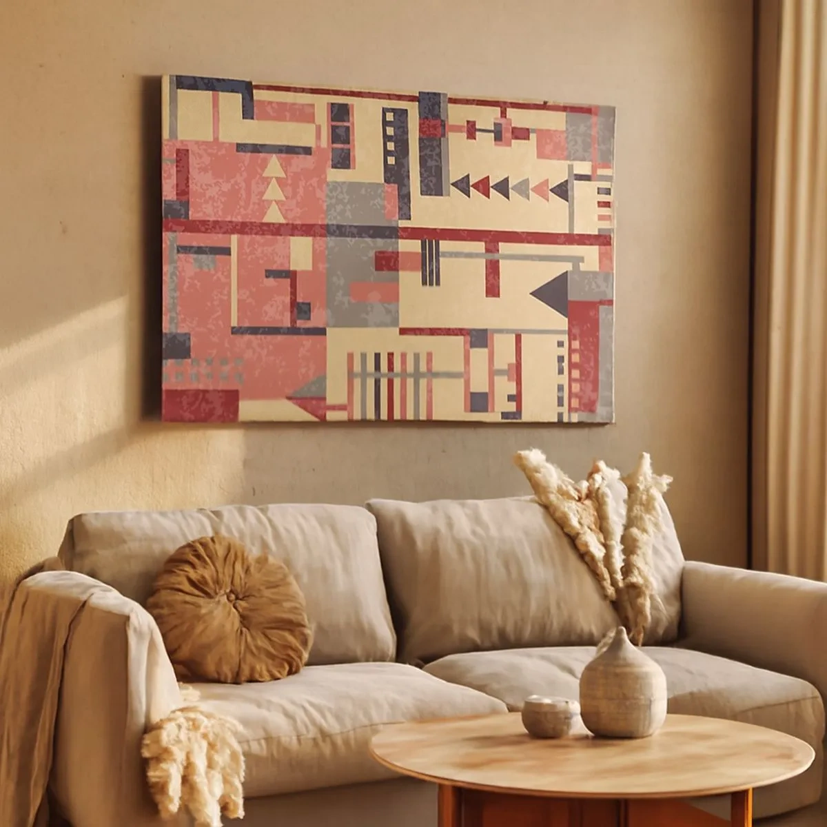 Bild auf Leinwand - Leinwandbild - Geometrisches Muster in Pastelltönen von Beige, Rot und Grau - 70x50cm - Eine Kombination aus Vertikalen und Ebenen - Moderne Wanddekoration für Wohnzimmer und Schlafzimmer ARTTOR