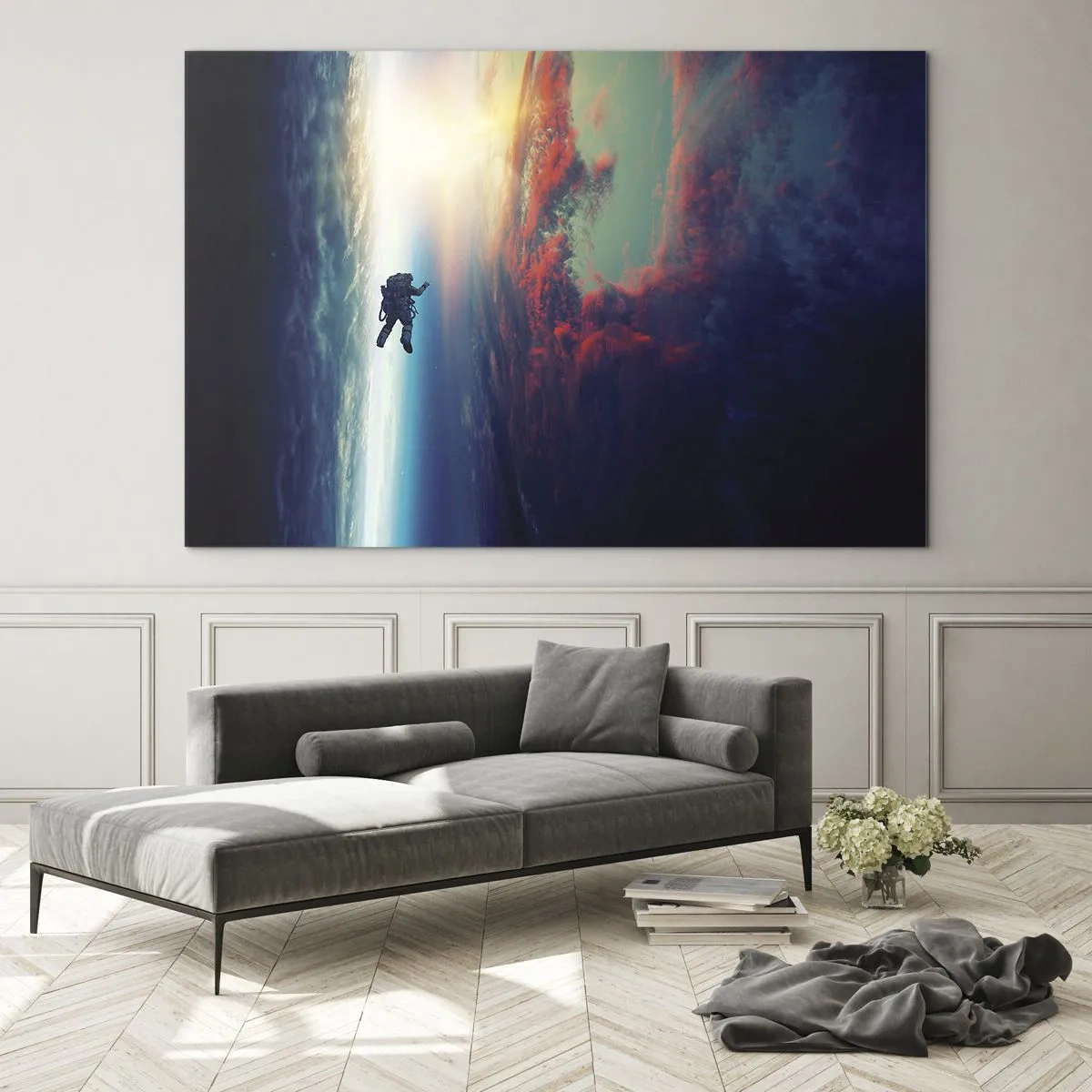 Glasbild - Bild auf glas - Ein Astronaut, der durch den Weltraum in Richtung Licht treibt - 120x80cm - Sich dem Universum stellen - Moderne Wanddekoration für Wohnzimmer und Schlafzimmer ARTTOR