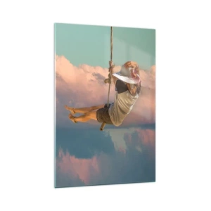 Glasbild - Bild auf glas - Frau auf einer Schaukel zwischen rosa Wolken - 70x100cm - Spaß in den Wolken - Moderne Wanddekoration für Wohnzimmer und Schlafzimmer ARTTOR