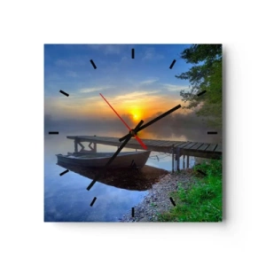 Wanduhr - Glasuhr - Ein Seesteg bei Sonnenaufgang mit einem Boot am Ufer - 30x30cm - Wie aus Gewöhnlichem Magie wird - Moderne Wanddekoration für Wohnzimmer und Schlafzimmer ARTTOR