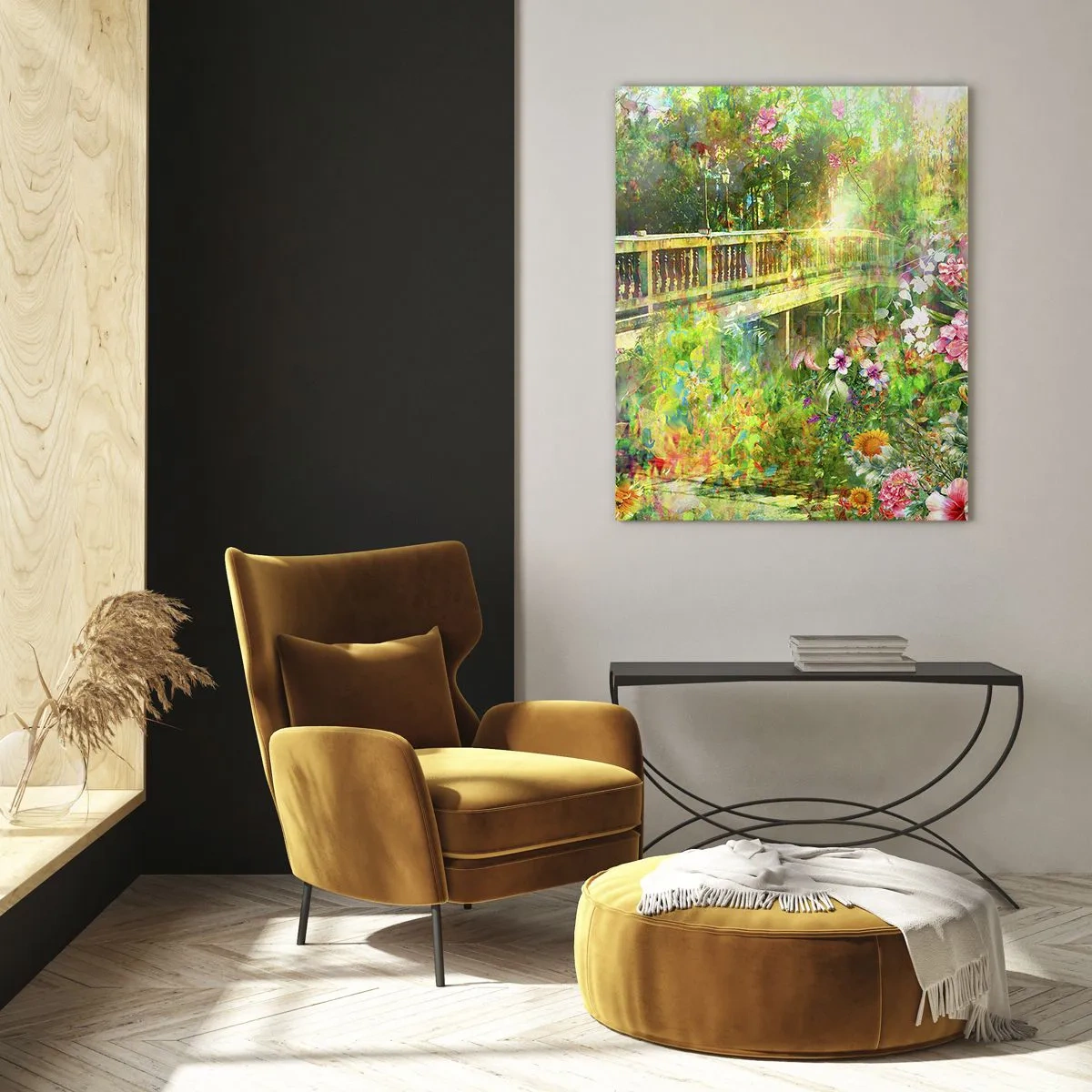Glasbild - Bild auf glas - Eine Brücke umgeben von üppiger Vegetation und bunten Blumen - 50x70cm - Eine Brücke aus Frühlingsseufzern - Moderne Wanddekoration für Wohnzimmer und Schlafzimmer ARTTOR