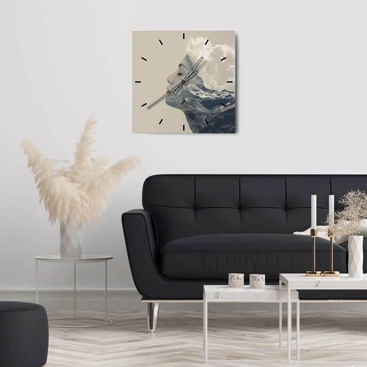 Wanduhr - Glasuhr - Silhouette einer Frau mit einer Berglandschaft im Hintergrund - 30x30cm - Die Schönheit der Elemente der Natur - Moderne Wanddekoration für Wohnzimmer und Schlafzimmer ARTTOR