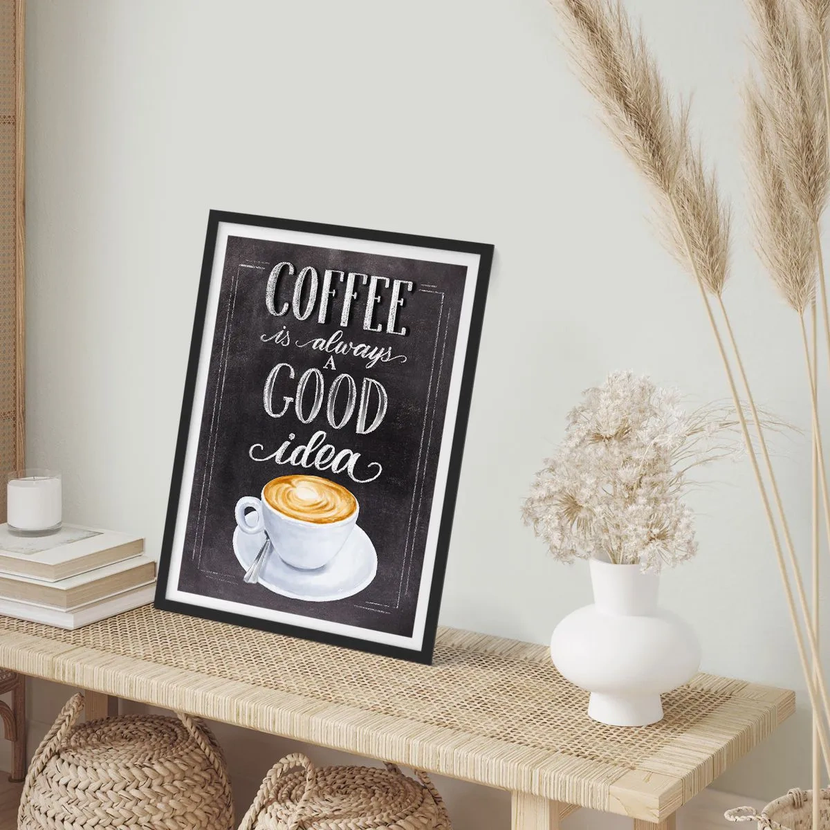 Poster in einem schwarzem Rahmen - Kaffeeplakat mit Schriftzug im Kreidetafel-Stil - 50x70cm - Natürlich! - Moderne Wanddekoration für Wohnzimmer und Schlafzimmer ARTTOR