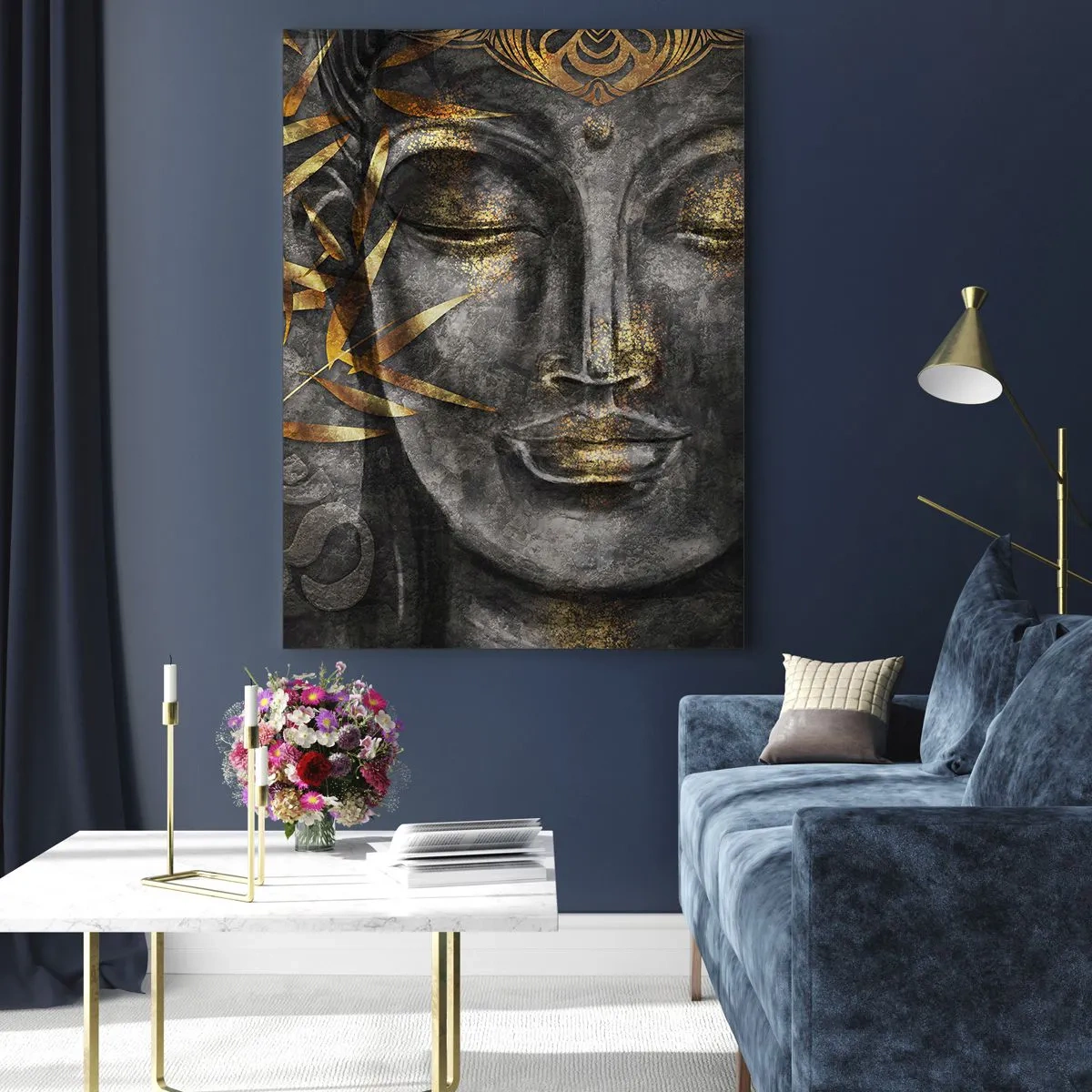 Glasbild - Bild auf glas - Zen-Buddha-Bild mit goldenem Bambus - 70x100cm - Fühle den Frieden - Moderne Wanddekoration für Wohnzimmer und Schlafzimmer ARTTOR