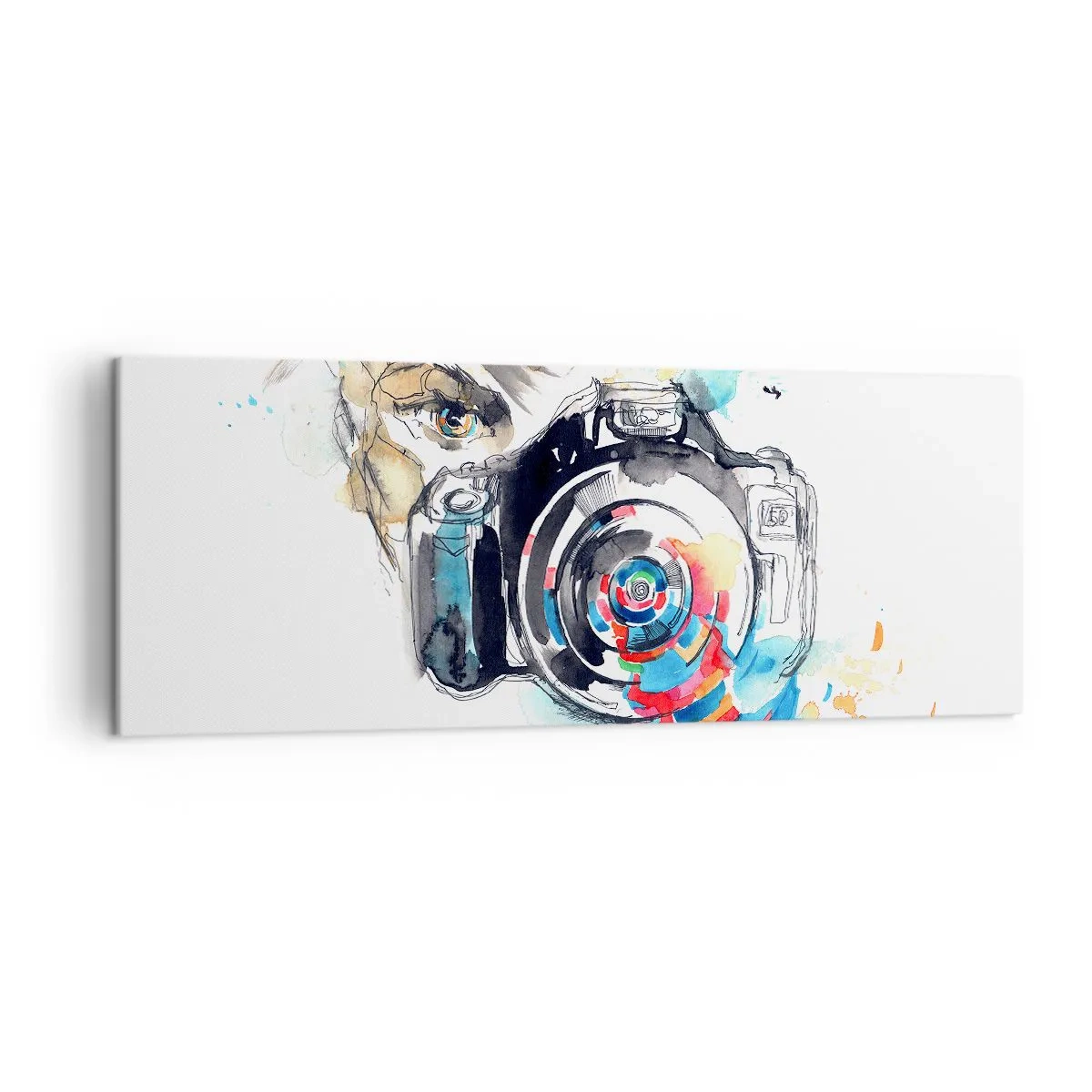 Bild auf Leinwand - Leinwandbild - Aquarellkamera mit farbenfrohen Details - 140x50cm - Im Auge der Linse - Moderne Wanddekoration für Wohnzimmer und Schlafzimmer ARTTOR