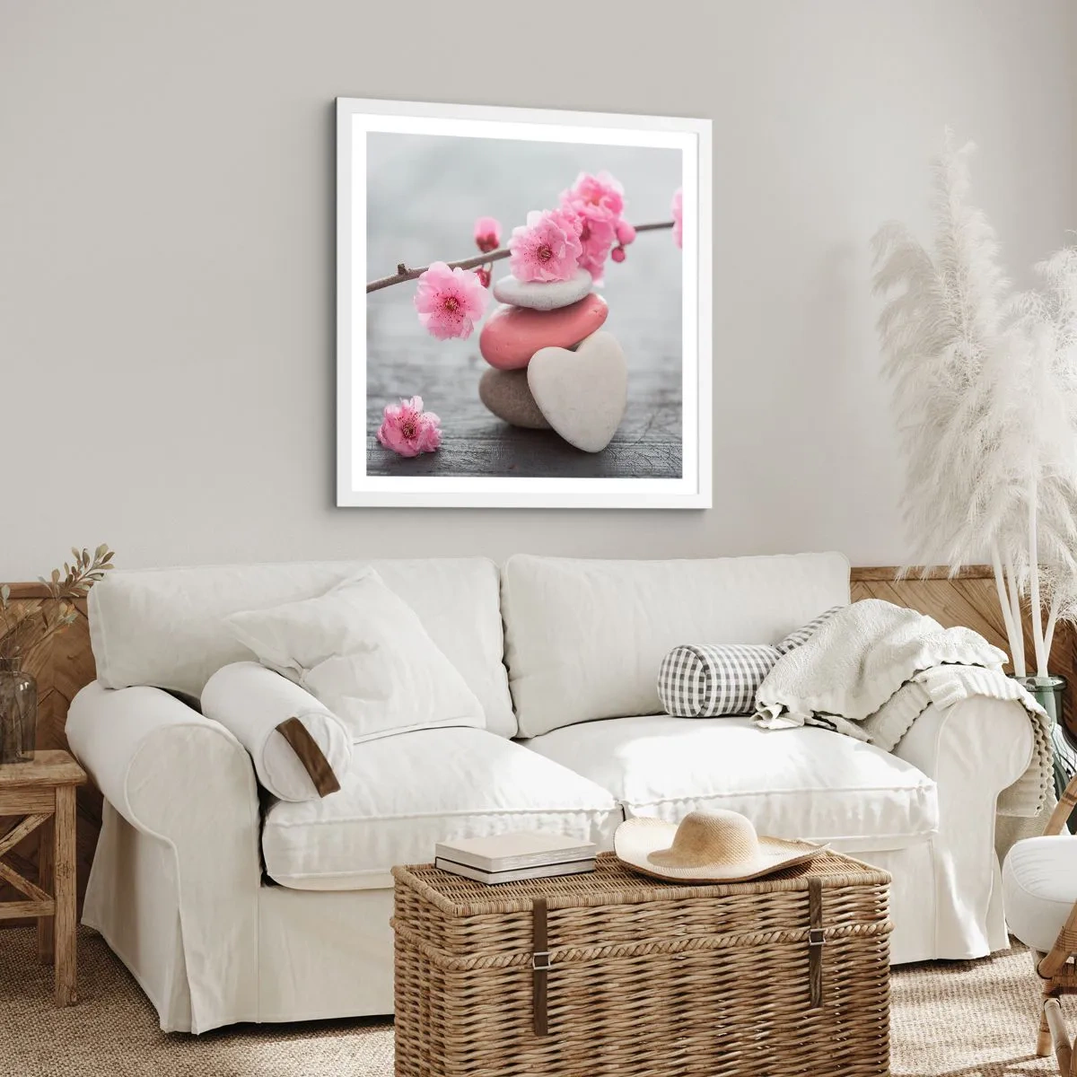 Poster in einem weißen Rahmen - Glückseligkeit mit einer Kirschblüte - 60x60 cm