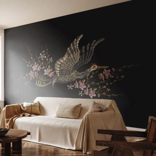 Selbstklebende Fototapete Deluxe Sticker - Exotischer gestickter Vogel - Vogel, Grafik, Blumen - 350x256 cm