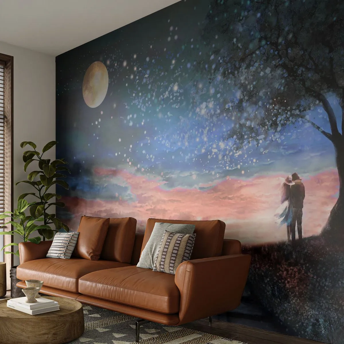 Fototapete Premium Canvas - Romantische Paarszene unter Vollmond - 100x70cm - Ein sternenklares Spektakel - Moderne Wanddekoration für Wohnzimmer und Schlafzimmer ARTTOR
