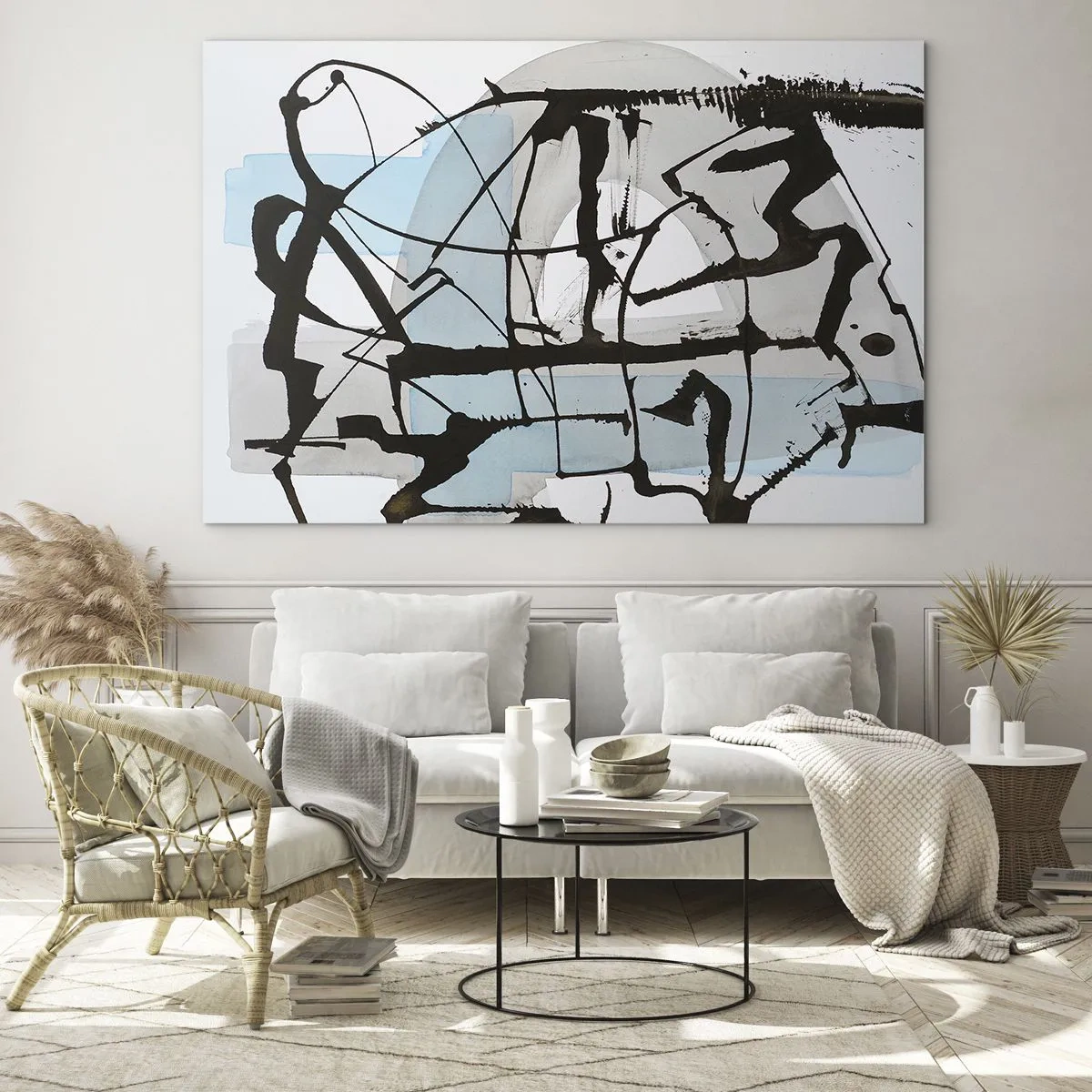 Glasbild - Bild auf glas - Abstrakte Komposition mit schwarzer Skizze und blauen Flecken - 120x80cm - Trotzdem blau - Moderne Wanddekoration für Wohnzimmer und Schlafzimmer ARTTOR