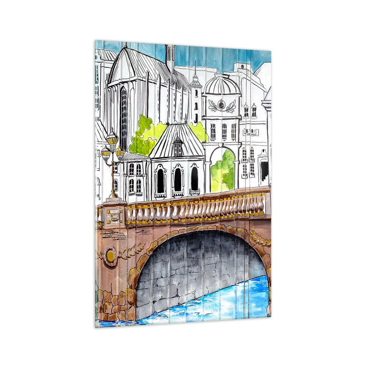 Glasbild - Bild auf glas - Zeichnung der Brücke und historische Stadtarchitektur - 70x100cm - Die Stadt ist gemalt - Moderne Wanddekoration für Wohnzimmer und Schlafzimmer ARTTOR