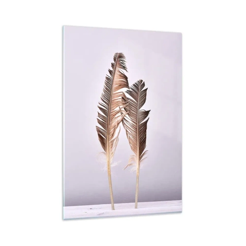 Glasbild - Bild auf glas - Zarte Federn auf hellem Untergrund im minimalistischen Stil - 80x120cm - Gegen das Nichts - Moderne Wanddekoration für Wohnzimmer und Schlafzimmer ARTTOR