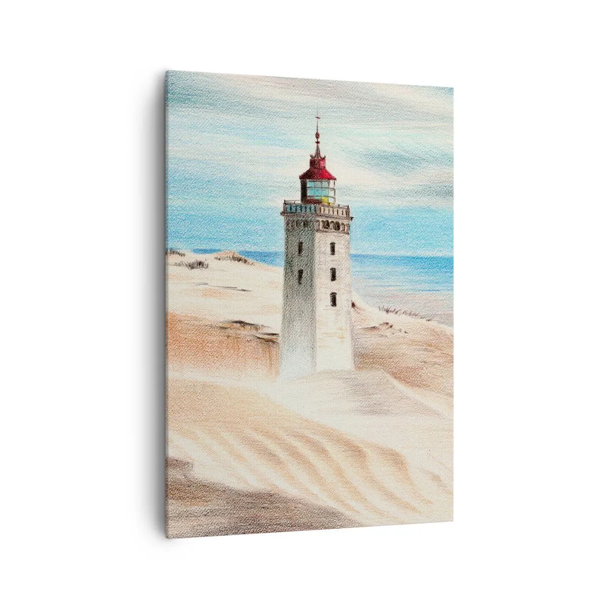 Bild auf Leinwand - Leinwandbild - Ein Leuchtturm, umgeben von Sanddünen und blauem Himmel - 70x100cm - Immer aufs Meer starrend - Moderne Wanddekoration für Wohnzimmer und Schlafzimmer ARTTOR