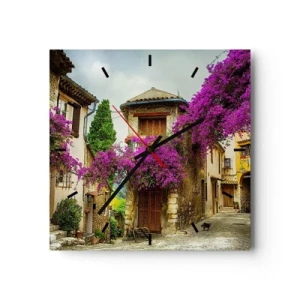 Wanduhr - Glasuhr - Eine Steinstraße mit rosa Blumen und Häusern - 30x30cm - Unter einem Blumendach - Moderne Wanddekoration für Wohnzimmer und Schlafzimmer ARTTOR