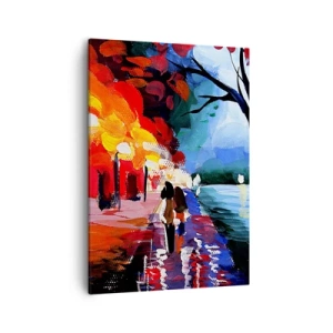 Bild auf Leinwand - Leinwandbild - Ein Herbstspaziergang entlang des Weges mit Blick auf das Wasser - 50x70cm - Strahlender Herbst im Park - Moderne Wanddekoration für Wohnzimmer und Schlafzimmer ARTTOR