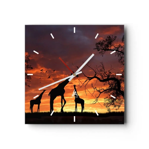 Wanduhr - Glasuhr - Silhouetten von Giraffen vor dem Hintergrund des afrikanischen Sonnenuntergangs - 30x30cm - Ein kleines Abendessen mit deinen Liebsten - Moderne Wanddekoration für Wohnzimmer und Schlafzimmer ARTTOR