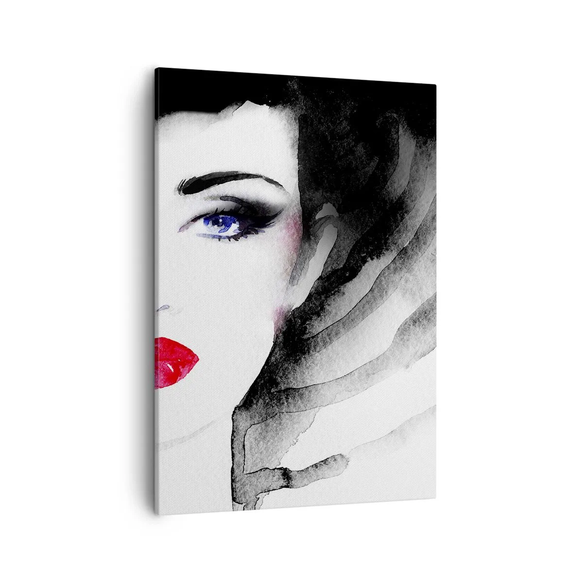Bild auf Leinwand - Leinwandbild - Porträt einer Frau mit roten Lippen und intensiven blauen Augen - 50x70cm - Er drückt zurück und ruft an - Moderne Wanddekoration für Wohnzimmer und Schlafzimmer ARTTOR