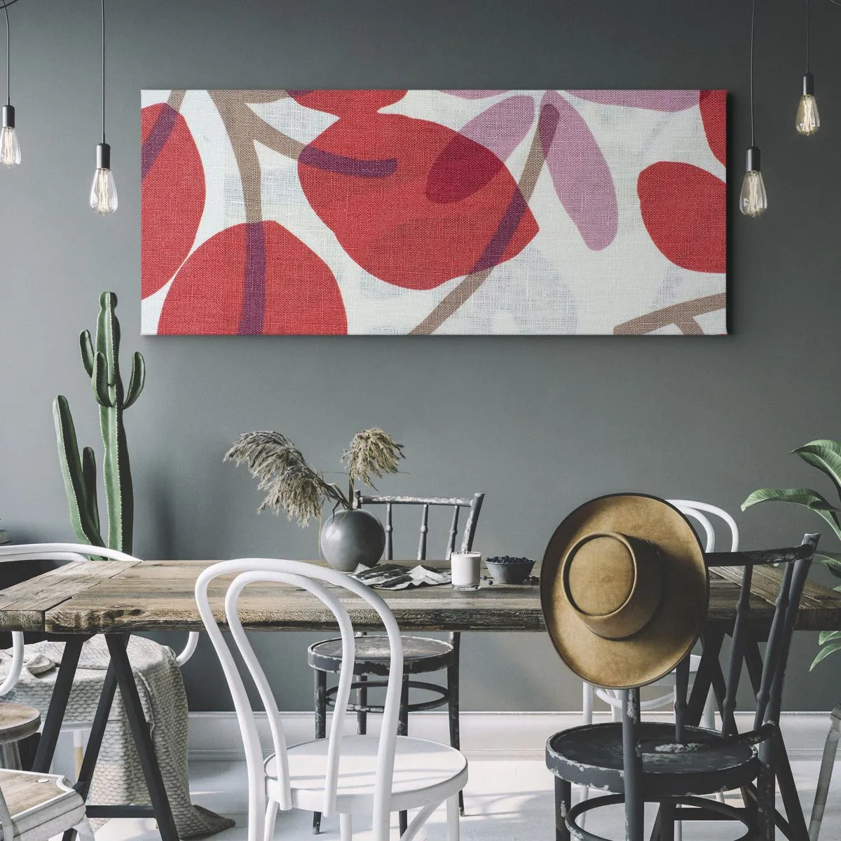 Bild auf Leinwand - Leinwandbild - Blüten und Blätter in Rot- und Rosatönen - 120x50cm - Blumenarrangement in Rosa - Moderne Wanddekoration für Wohnzimmer und Schlafzimmer ARTTOR