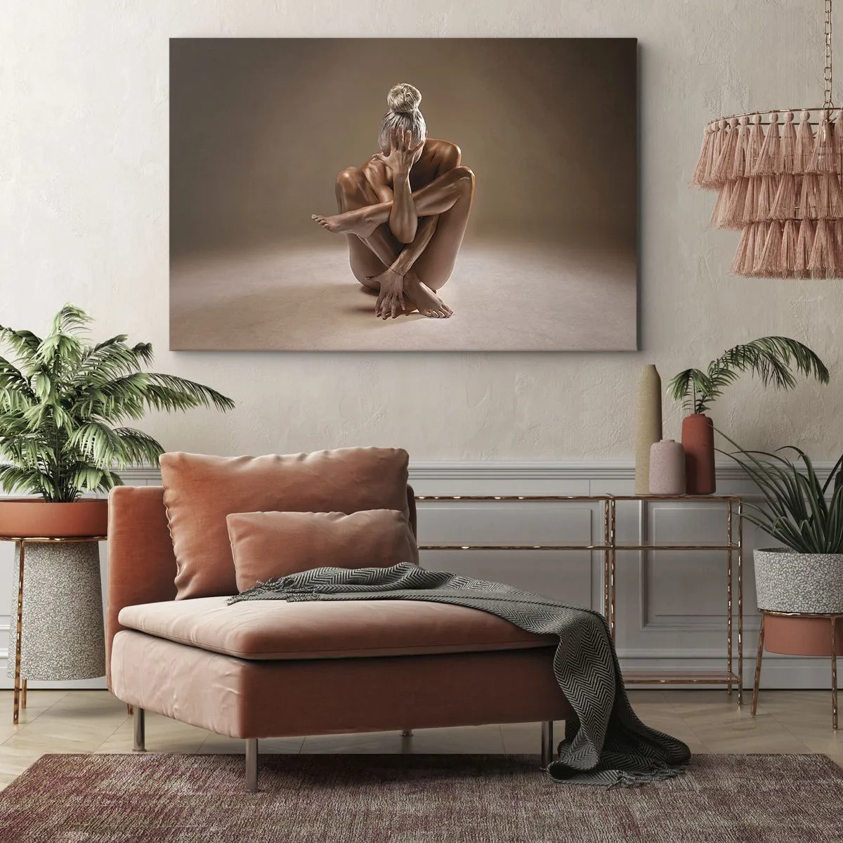 Bild auf Leinwand - Leinwandbild - Künstlerische Silhouette einer Frau auf beigem Hintergrund - 100x70cm - Die Einheit von Körper und Geist - Moderne Wanddekoration für Wohnzimmer und Schlafzimmer ARTTOR