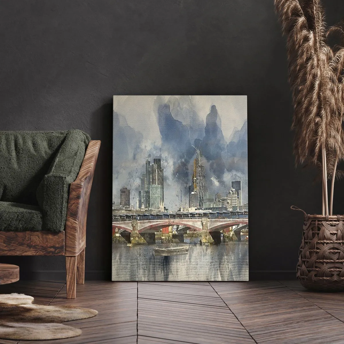 Bild auf Leinwand - Leinwandbild - Aquarellansicht der Brücke und der Skyline der Stadt - 50x70cm - London in seiner ganzen Pracht - Moderne Wanddekoration für Wohnzimmer und Schlafzimmer ARTTOR