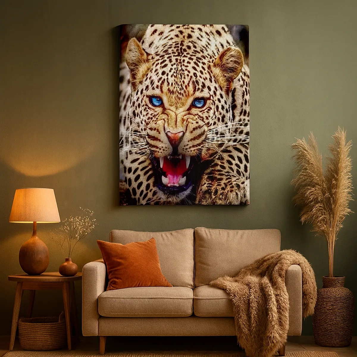 Bild auf Leinwand - Leinwandbild - Ein bedrohlicher Leopard mit intensiv blauen Augen - 50x70cm - Schönheitswut tut nicht weh - Moderne Wanddekoration für Wohnzimmer und Schlafzimmer ARTTOR