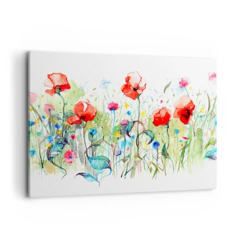 Bild auf Leinwand - Leinwandbild - Eine Wiese mit roten Mohnblumen und bunten Blumen in Aquarell - 120x80cm - Blühende Maiwiese - Moderne Wanddekoration für Wohnzimmer und Schlafzimmer ARTTOR