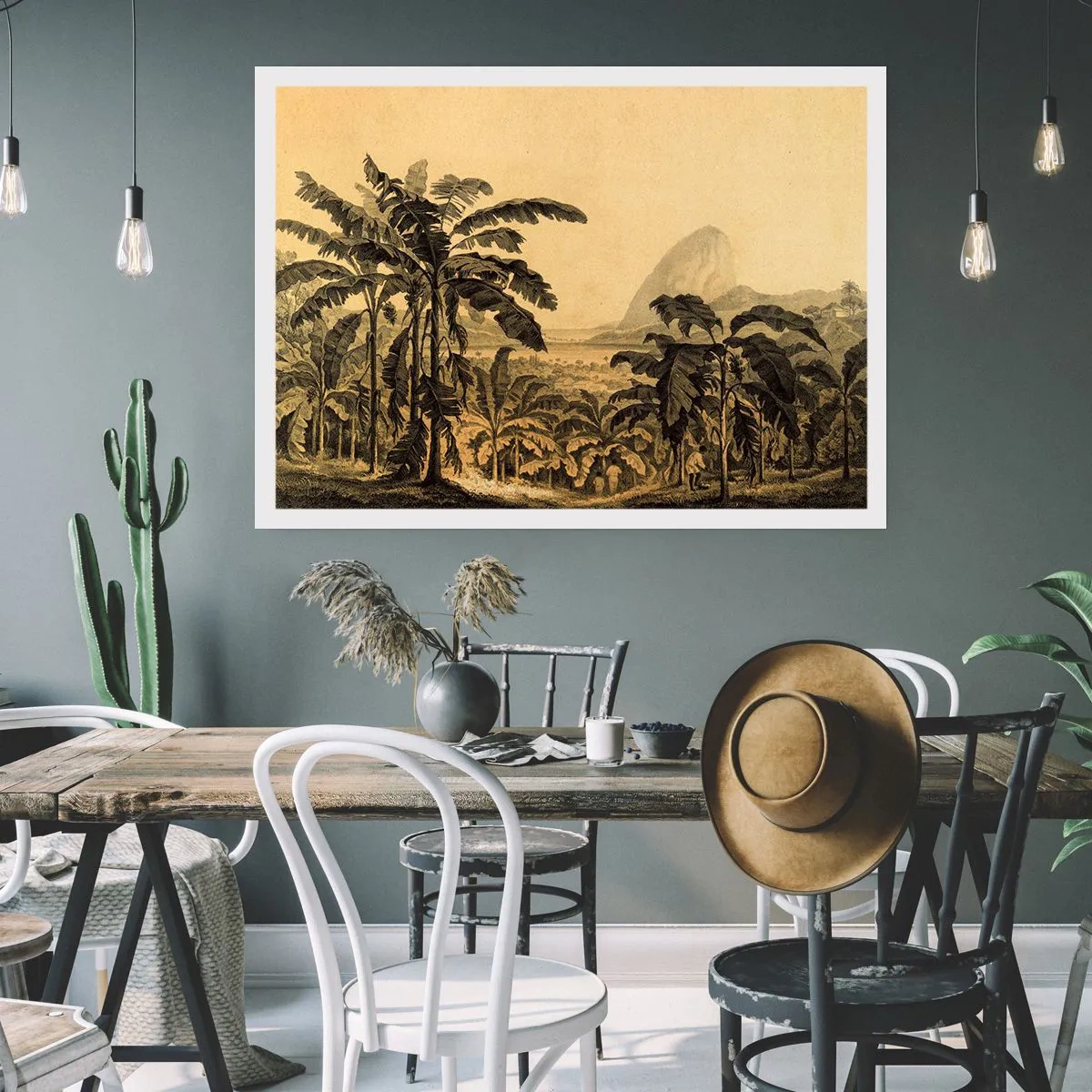 Poster - Zeichnung von Bananenbäumen vor dem Hintergrund einer tropischen Landschaft - 100x70cm - in einem kolonialen Klima - Moderne Wanddekoration für Wohnzimmer und Schlafzimmer ARTTOR