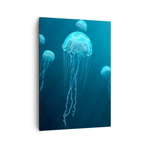 Bild auf Leinwand - Leinwandbild - Quallen schwimmen in den Tiefen des Ozeans in Blautönen - 50x70cm - Ozeantanz - Moderne Wanddekoration für Wohnzimmer und Schlafzimmer ARTTOR
