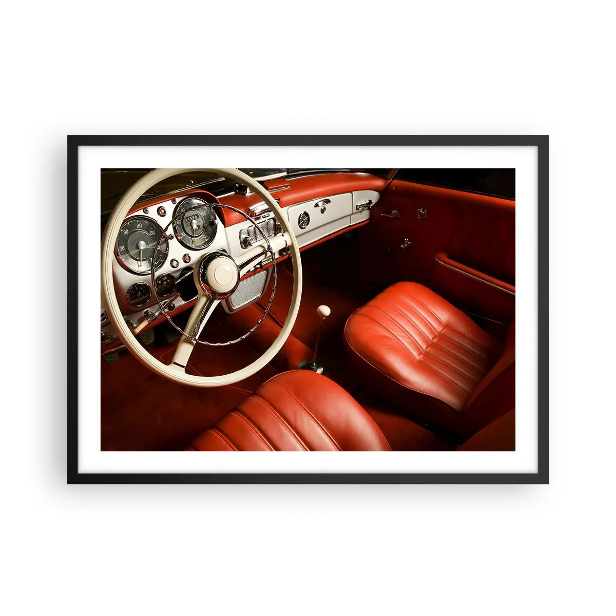 Poster in einem schwarzem Rahmen - Oldtimer-Innenraum mit roten Ledersitzen - 70x50cm - Luxus im Vintagestil - Moderne Wanddekoration für Wohnzimmer und Schlafzimmer ARTTOR