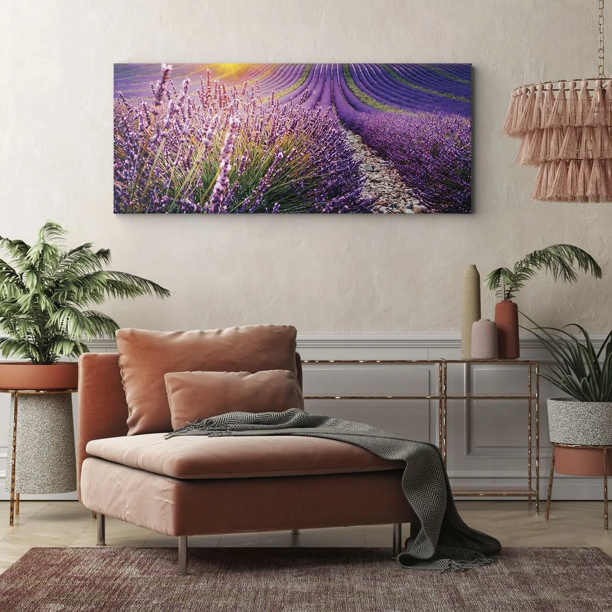 Bild auf Leinwand - Leinwandbild - Lavendelfeld bei Sonnenuntergang - 120x50cm - Duftende Kornfelder - Moderne Wanddekoration für Wohnzimmer und Schlafzimmer ARTTOR