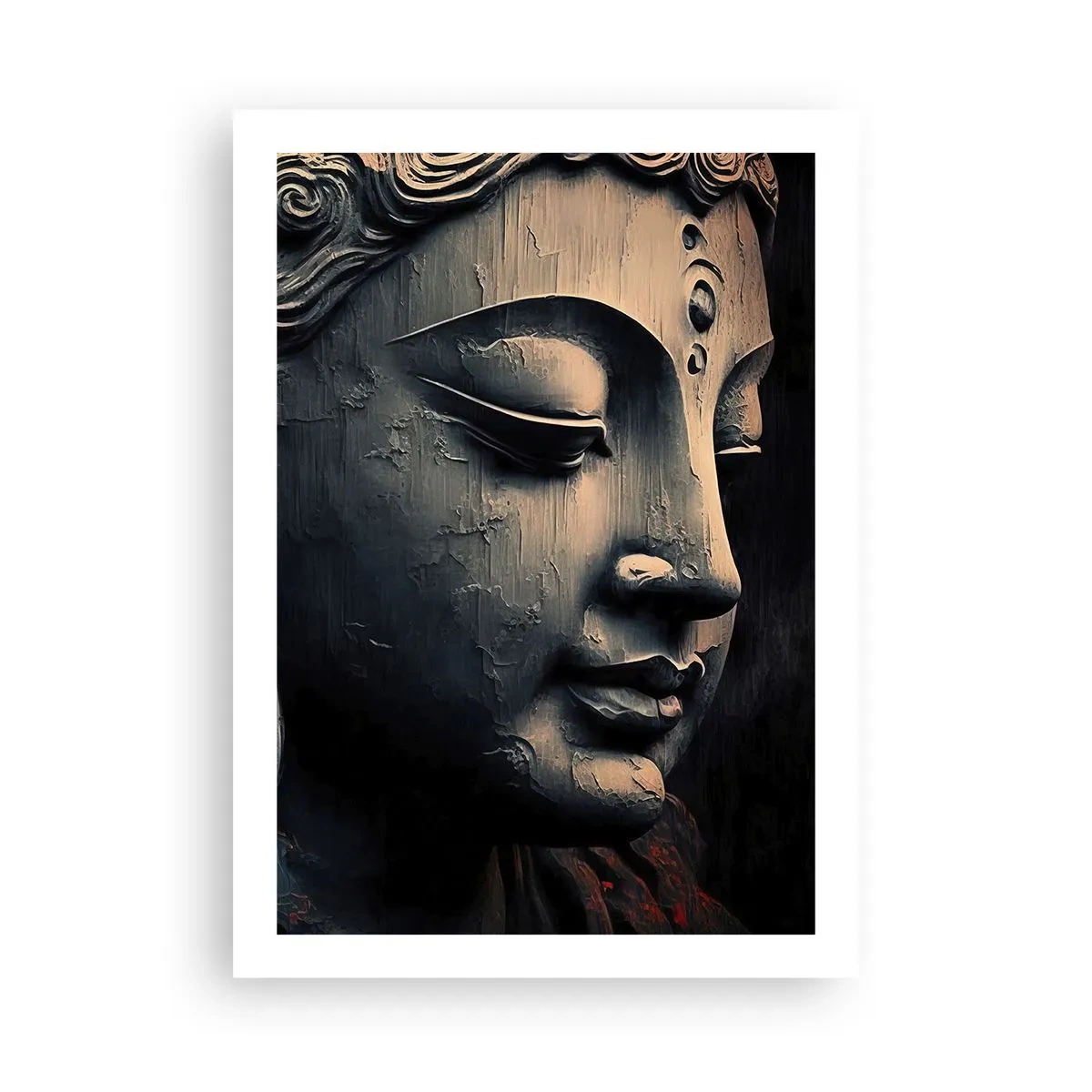 Poster - Nahaufnahme einer Buddha-Skulptur in warmem Licht - 50x70cm - Im Einklang mit der Welt - Moderne Wanddekoration für Wohnzimmer und Schlafzimmer ARTTOR