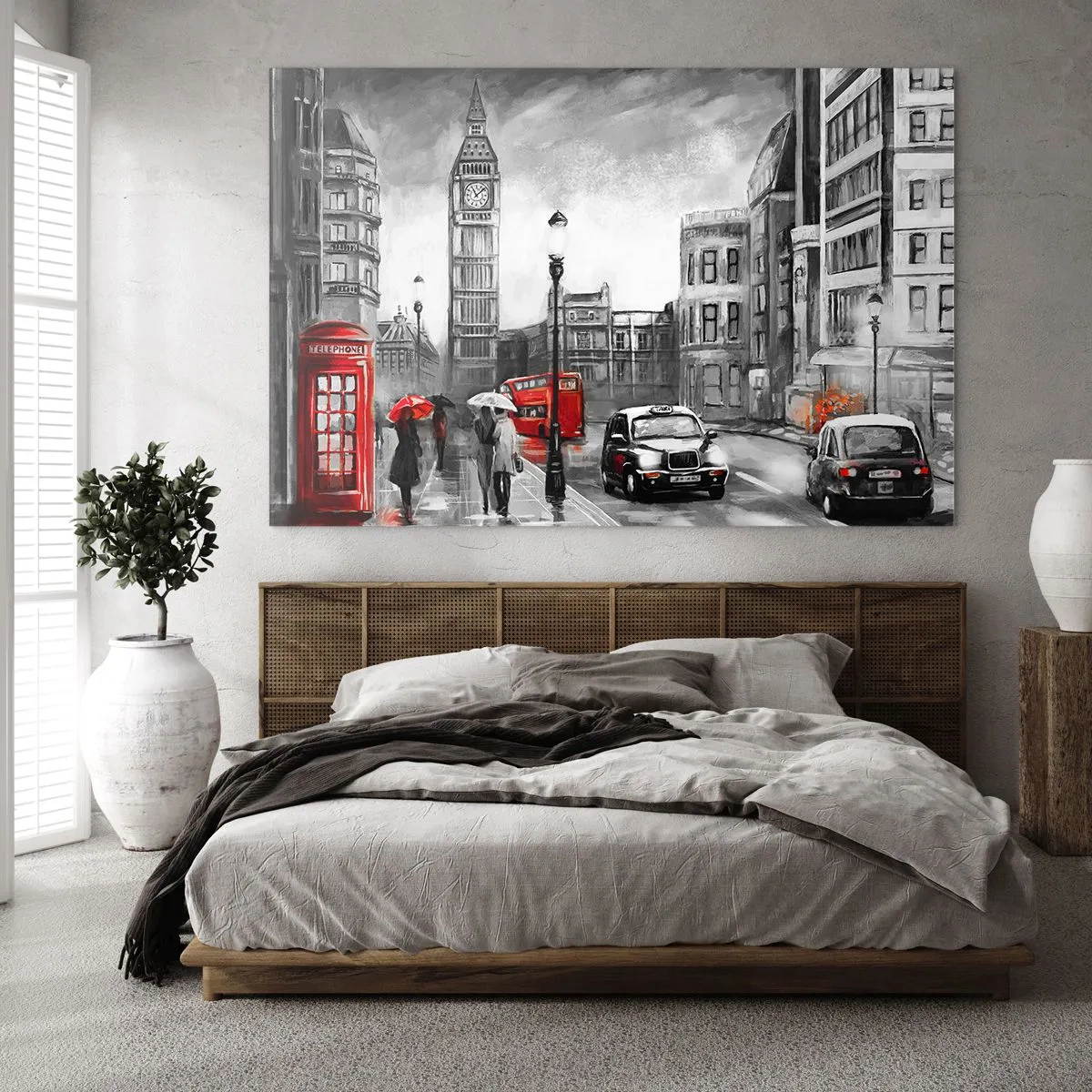 Glasbild - Bild auf glas - Big Ben und die Straßen von London mit roten Akzenten auf grauem Hintergrund - 70x50cm - Gar keine graue Stadt - Moderne Wanddekoration für Wohnzimmer und Schlafzimmer ARTTOR