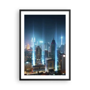 Poster in einem schwarzem Rahmen - Nachtlandschaft der Innenstadt mit Wolkenkratzern - 50x70cm - Auf Berliner Art gegen den Himmel - Moderne Wanddekoration für Wohnzimmer und Schlafzimmer ARTTOR