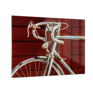Glasbild - Bild auf glas - Ein altes Rennrad aus den 1970er Jahren vor einer roten Holzwand - 70x50cm - Geschaffen um zu siegen - Moderne Wanddekoration für Wohnzimmer und Schlafzimmer ARTTOR
