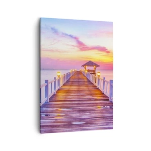 Bild auf Leinwand - Leinwandbild - Ein Pier über dem Wasser bei Sonnenuntergang in Pastellfarben - 50x70cm - Die lila-goldene Stille des Abends - Moderne Wanddekoration für Wohnzimmer und Schlafzimmer ARTTOR