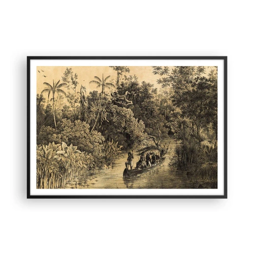 Poster in einem schwarzem Rahmen - Zeichnung eines Dschungels mit einem Boot auf einem Fluss - 100x70cm - Expedition zur Quelle - Moderne Wanddekoration für Wohnzimmer und Schlafzimmer ARTTOR