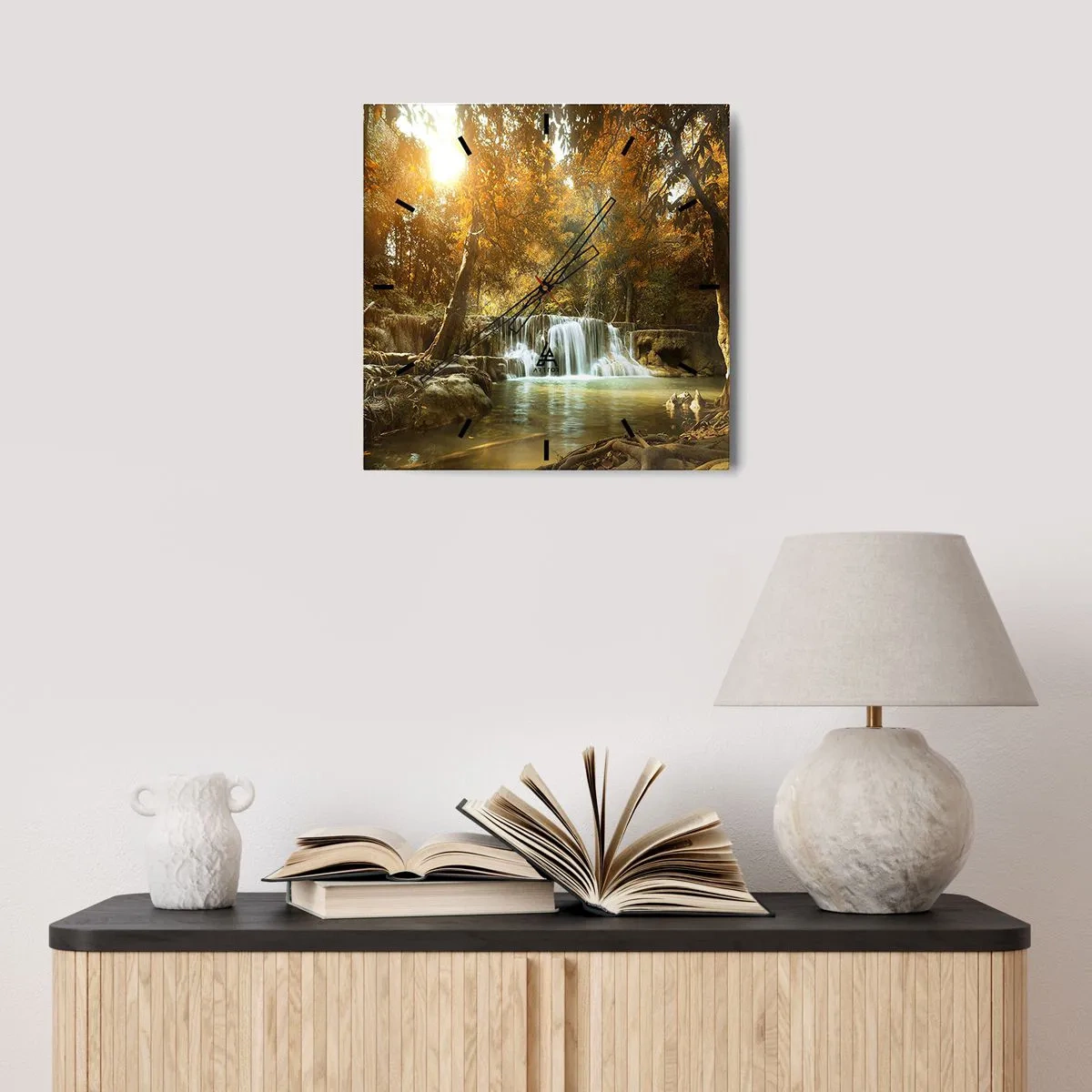 Wanduhr - Glasuhr - Herbstlandschaft mit Wasserfall - 30x30cm - Parkkaskade - Moderne Wanddekoration für Wohnzimmer und Schlafzimmer ARTTOR